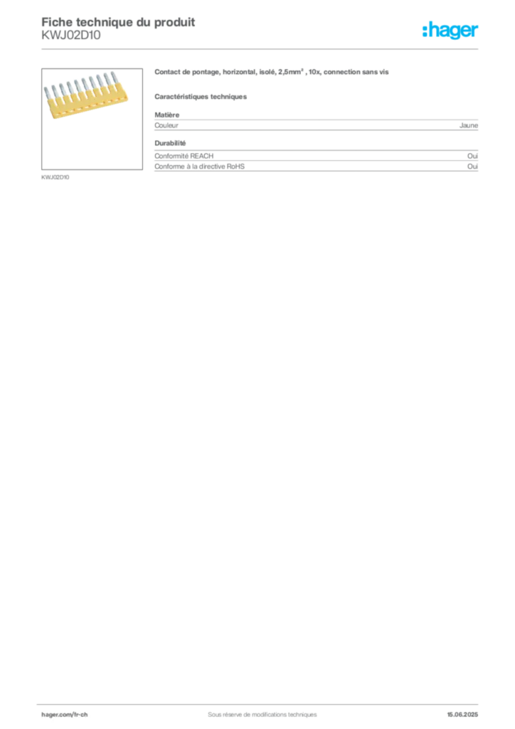 Image Hager Fiche technique du produit KWJ02D10 | Hager Suisse
