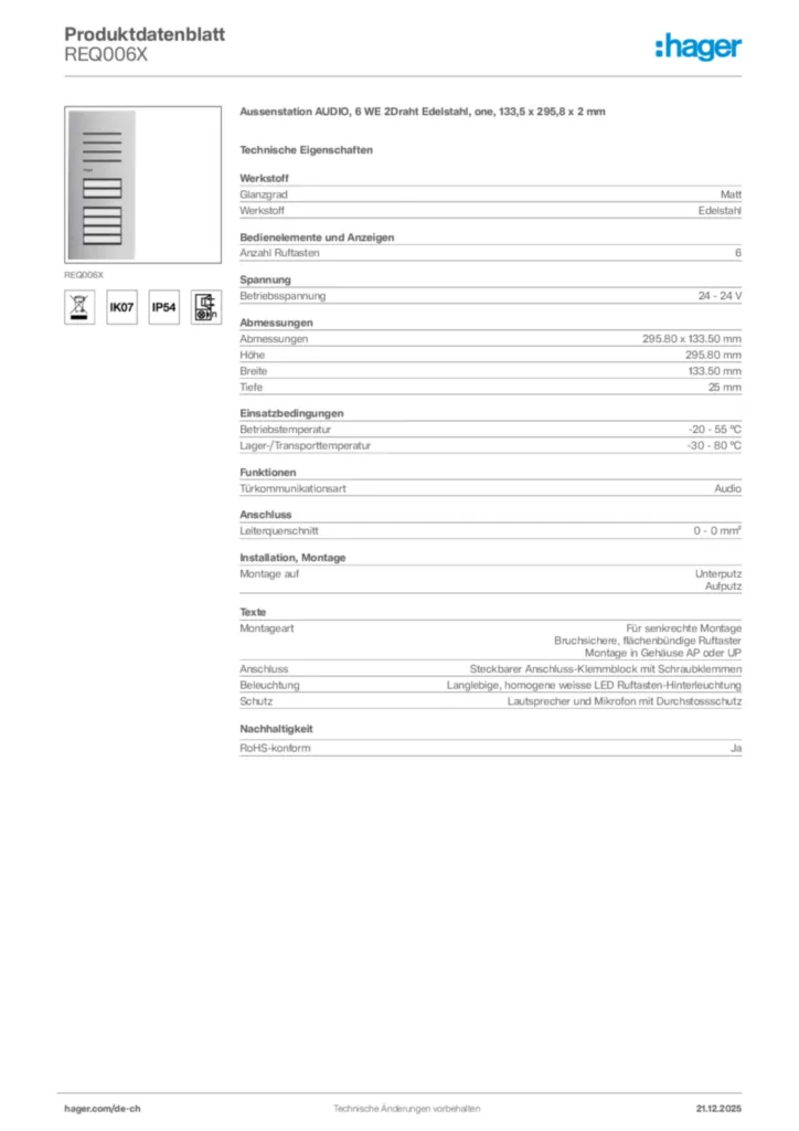 Bild Hager Produktdatenblatt REQ006X | Hager Schweiz