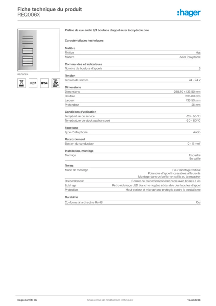 Image Hager Fiche technique du produit REQ006X | Hager Suisse