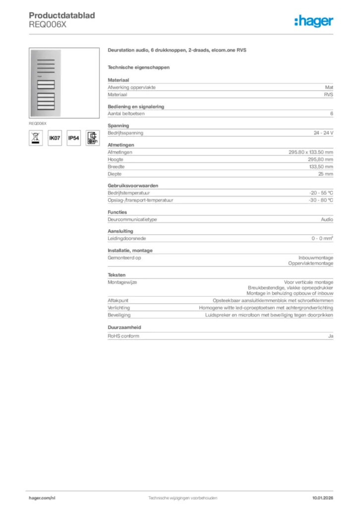 Afbeelding Hager Productdatablad REQ006X | Hager Nederland