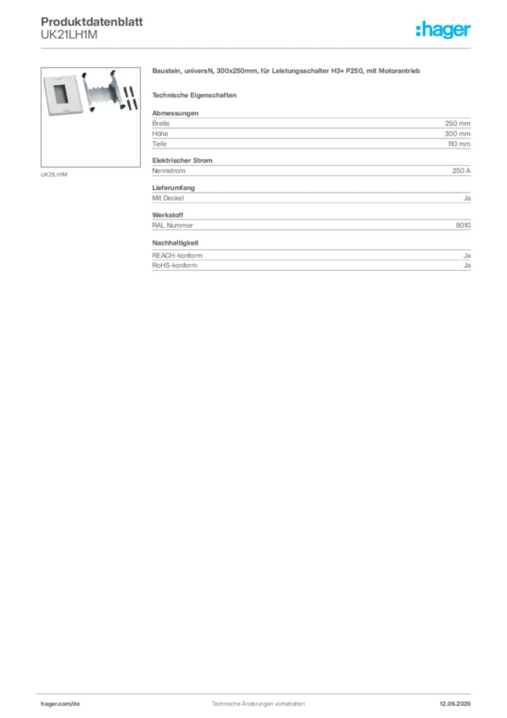 Bild Hager Produktdatenblatt UK21LH1M | Hager Deutschland