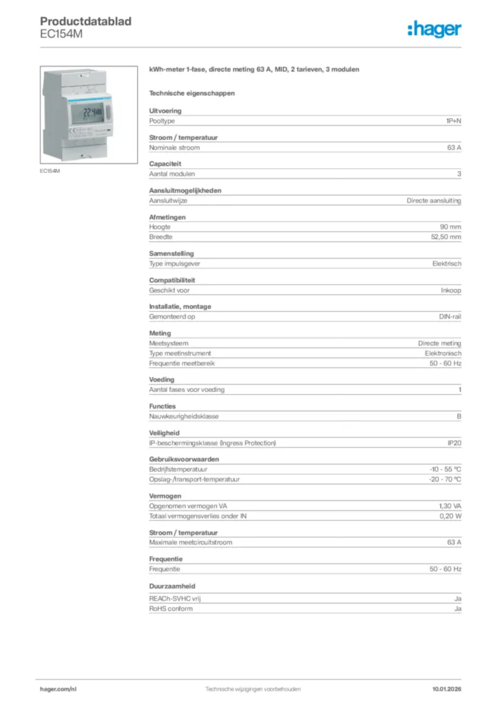 Afbeelding Hager Productdatablad EC154M | Hager Nederland