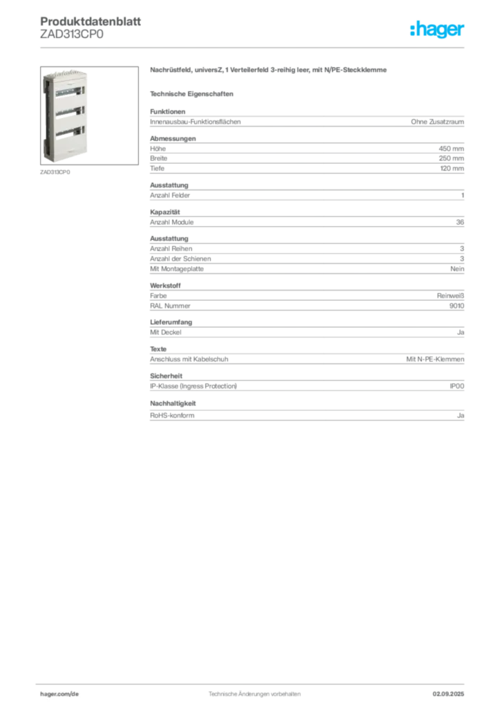 Bild Hager Produktdatenblatt ZAD313CP0 | Hager Deutschland