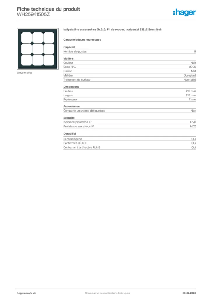 Image Hager Fiche technique du produit WH25941505Z | Hager Suisse