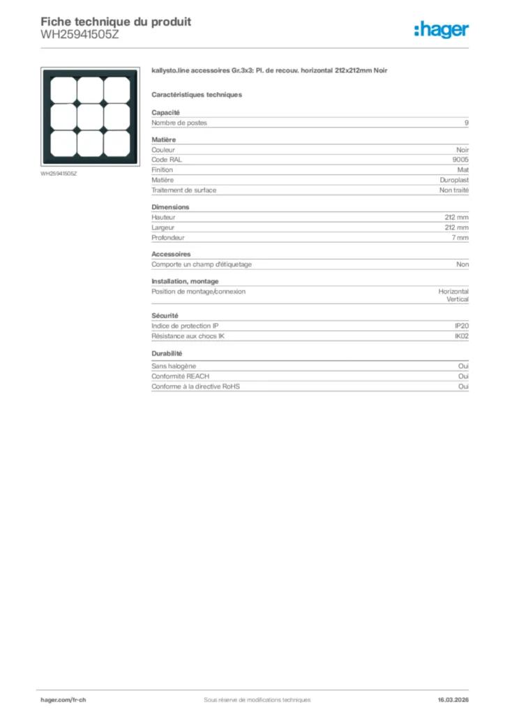 Image Hager Fiche technique du produit WH25941505Z | Hager Suisse