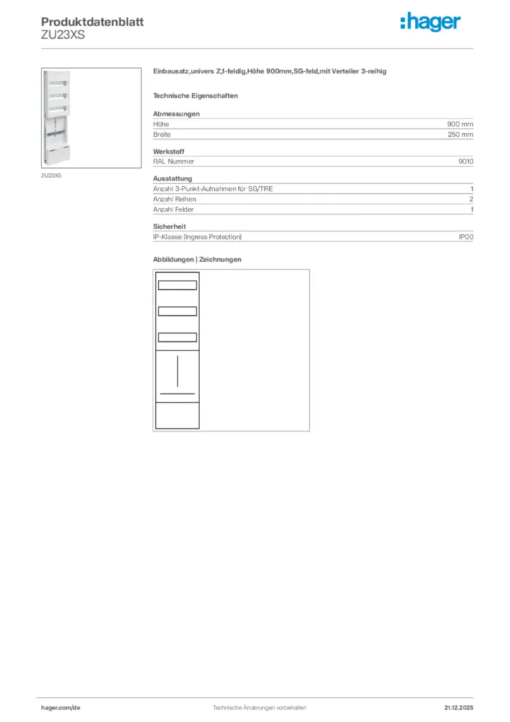 Bild Hager Produktdatenblatt ZU23XS | Hager Deutschland