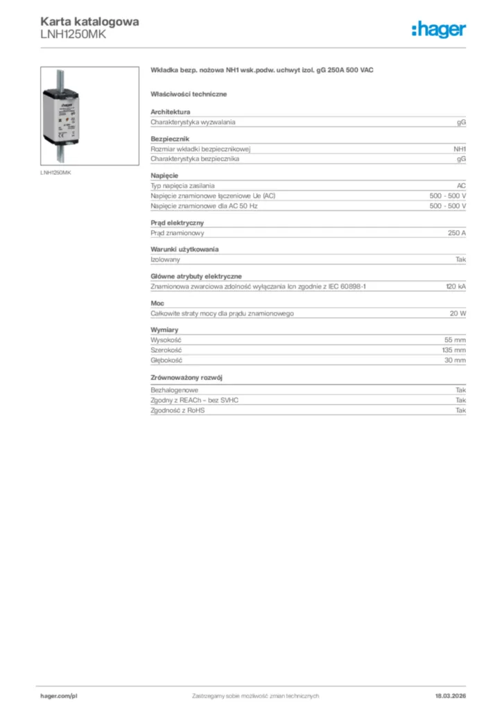 Zdjęcie Hager Karta katalogowa LNH1250MK | Hager Polska