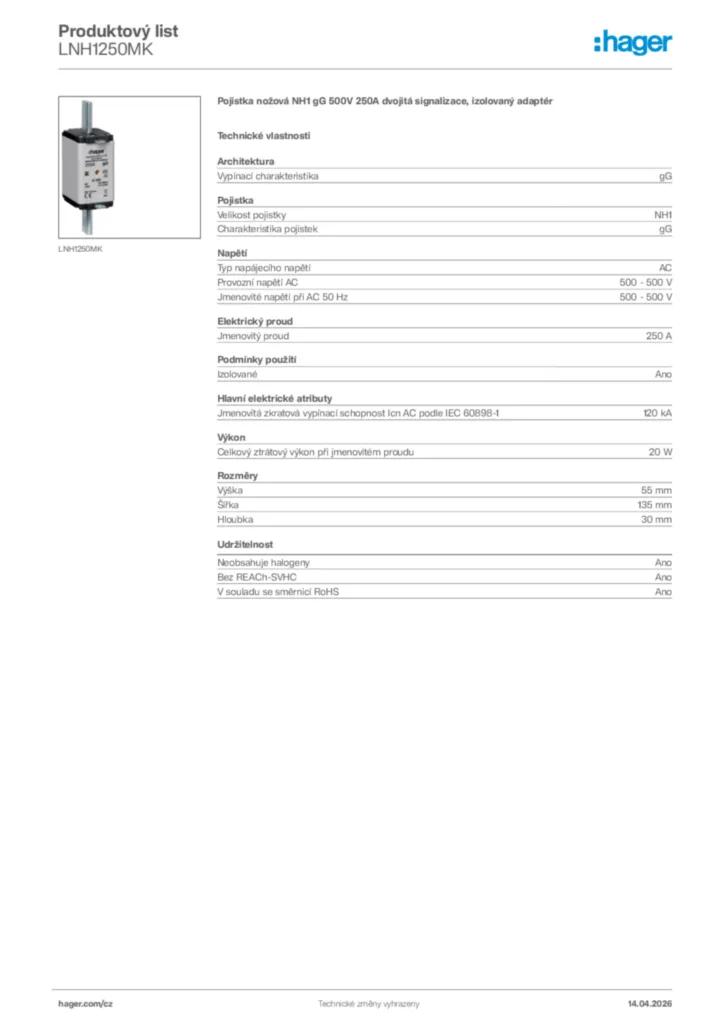Obrázek Hager Product data sheet LNH1250MK | Hager