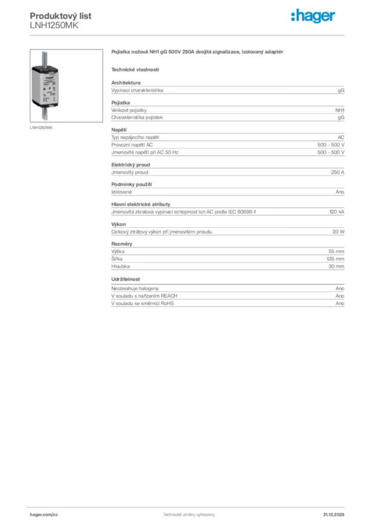 Obrázek Hager Produktový list LNH1250MK | Hager