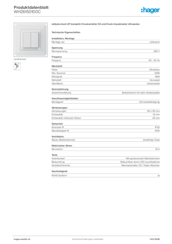 Bild Hager Produktdatenblatt WH26150100C | Hager Schweiz