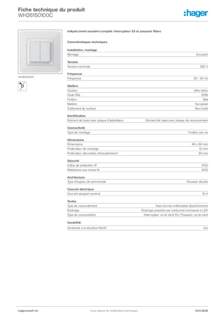 Image Hager Fiche technique du produit WH26150100C | Hager Suisse