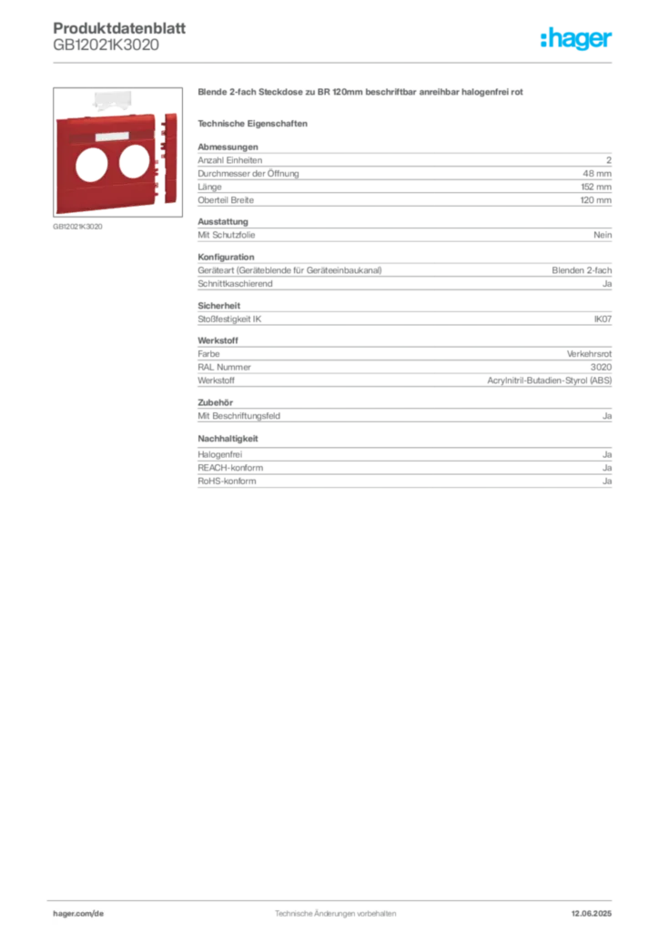 Bild Hager Produktdatenblatt GB12021K3020 | Hager Deutschland