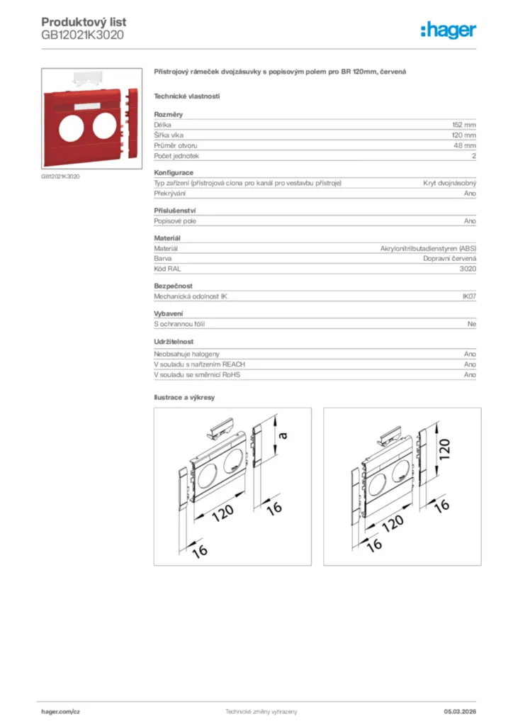 Obrázek Hager Product data sheet GB12021K3020 | Hager
