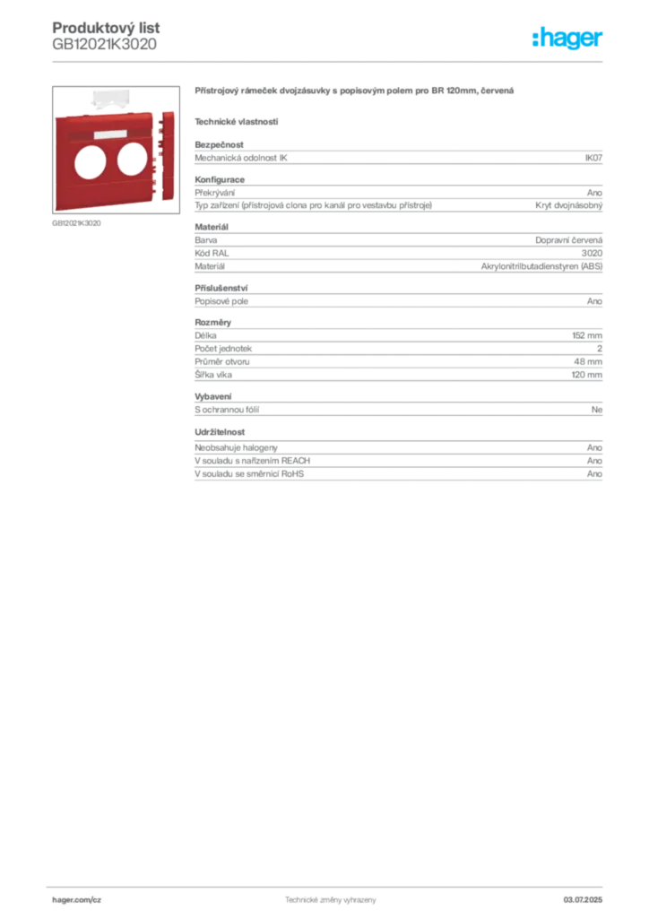 Obrázek Hager Produktový list GB12021K3020 | Hager