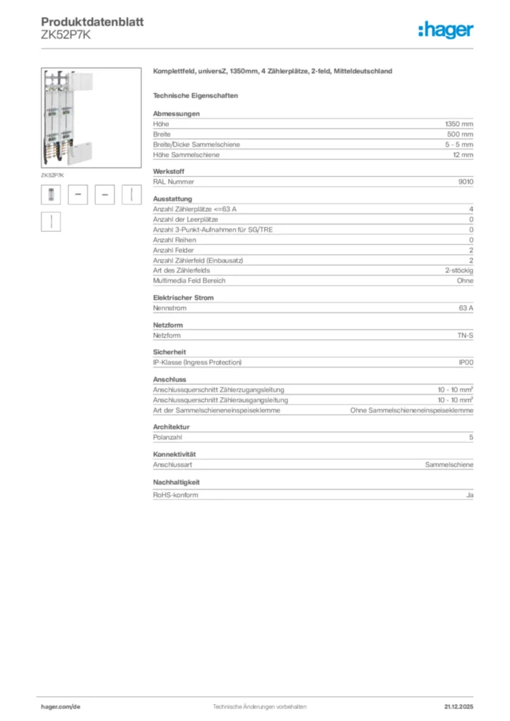 Bild Hager Produktdatenblatt ZK52P7K | Hager Deutschland