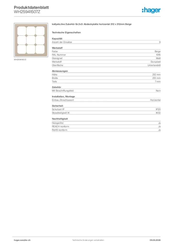 Bild Hager Produktdatenblatt WH25941507Z | Hager Schweiz