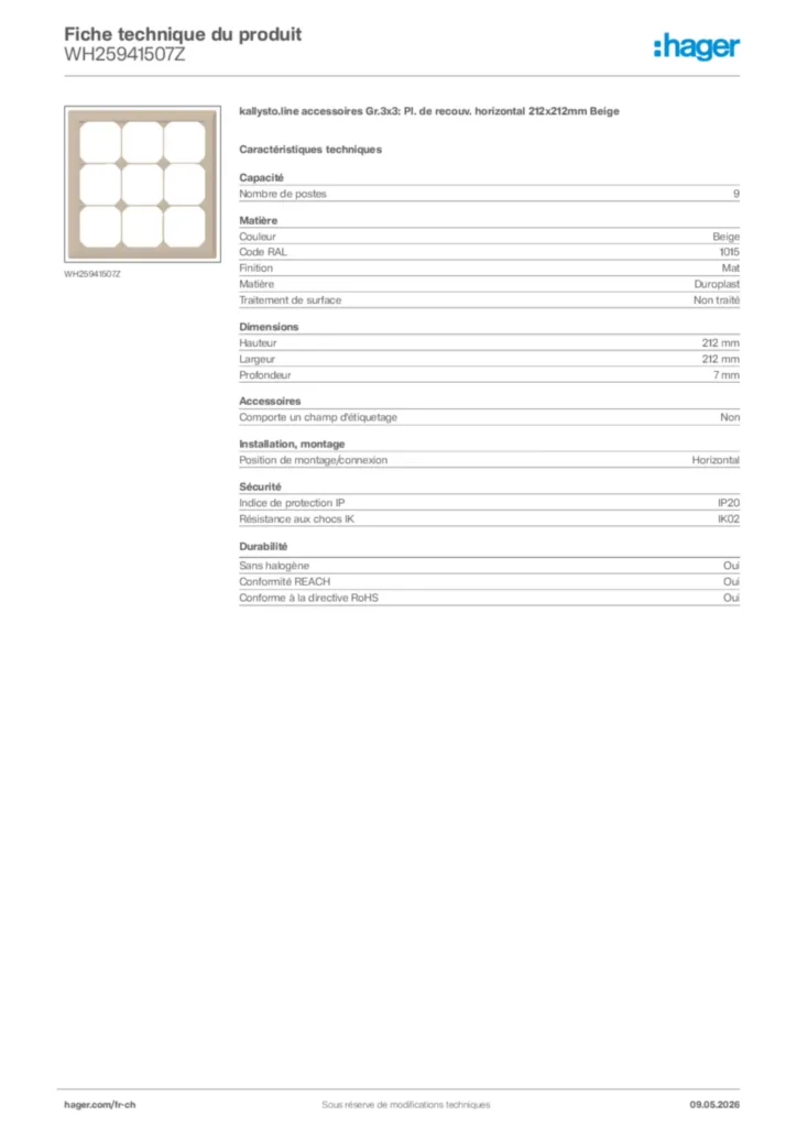 Image Hager Fiche technique du produit WH25941507Z | Hager Suisse