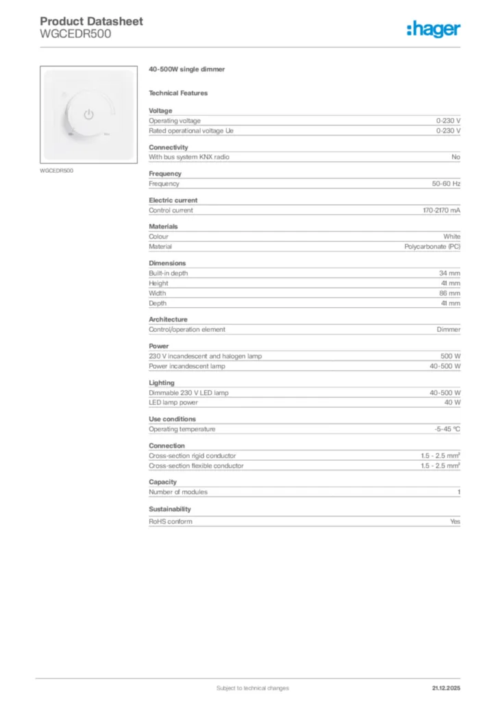 Image Hager Product data sheet WGCEDR500  | Hager Africa
