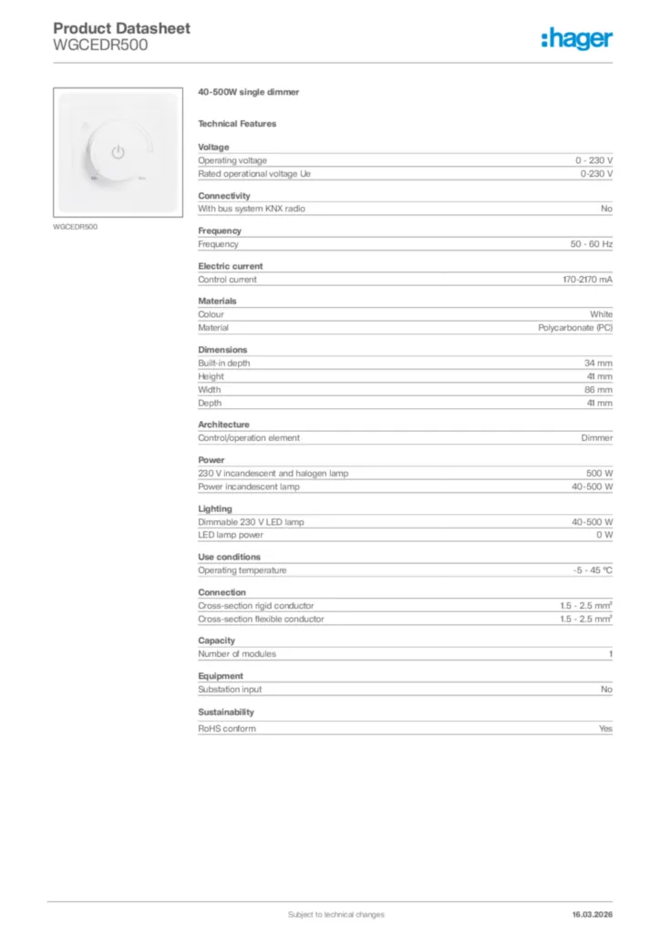 Image Hager Product data sheet WGCEDR500  | Hager Africa