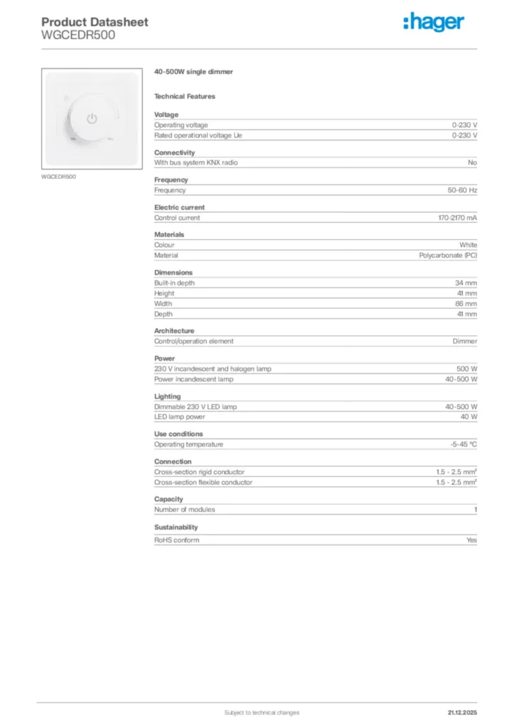Image Hager Product data sheet WGCEDR500  | Hager