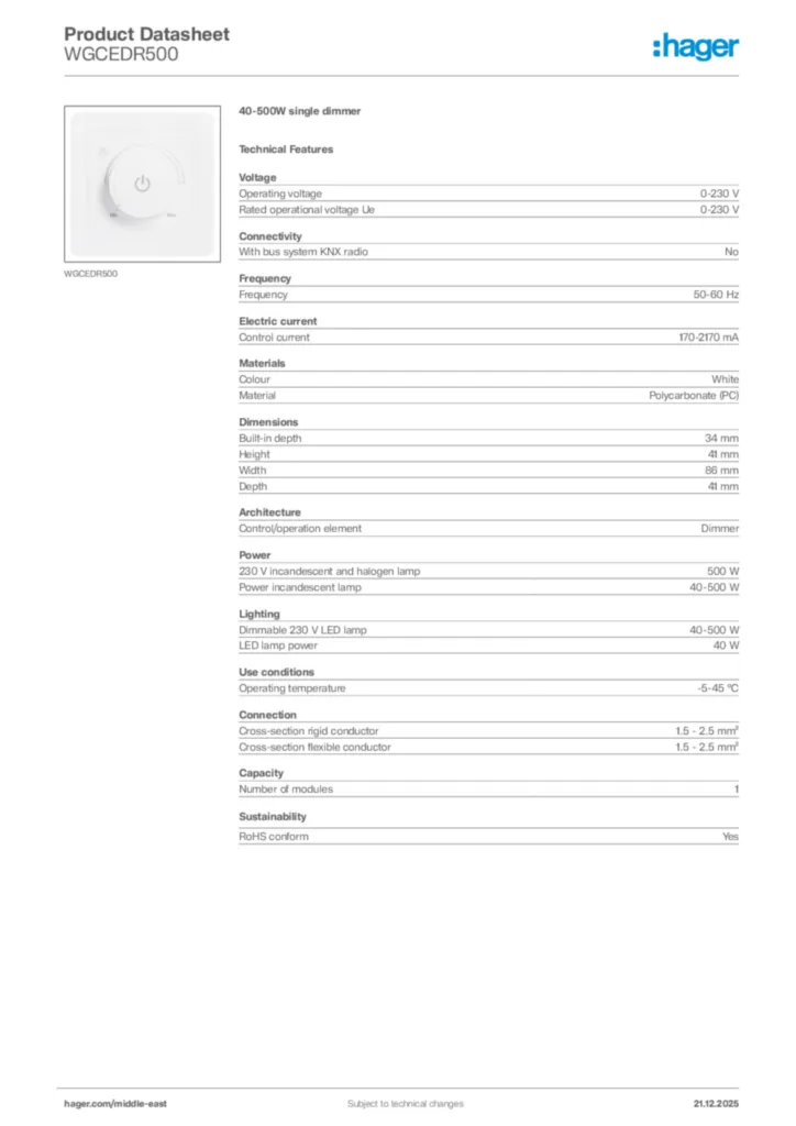 Image Hager Product data sheet WGCEDR500  | Hager