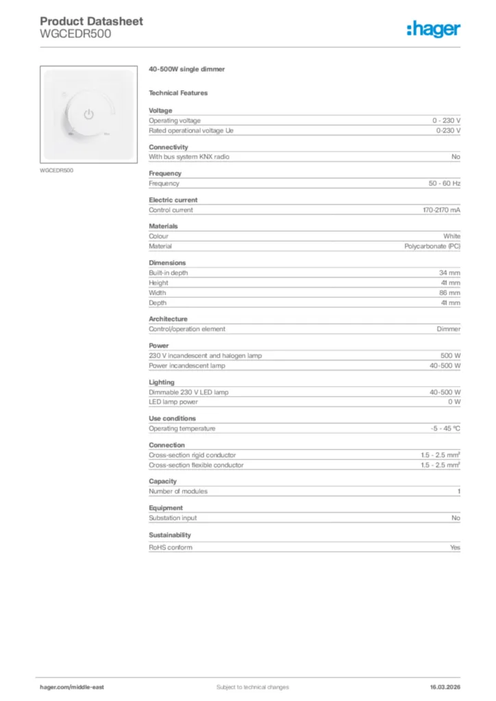 Image Hager Product data sheet WGCEDR500  | Hager