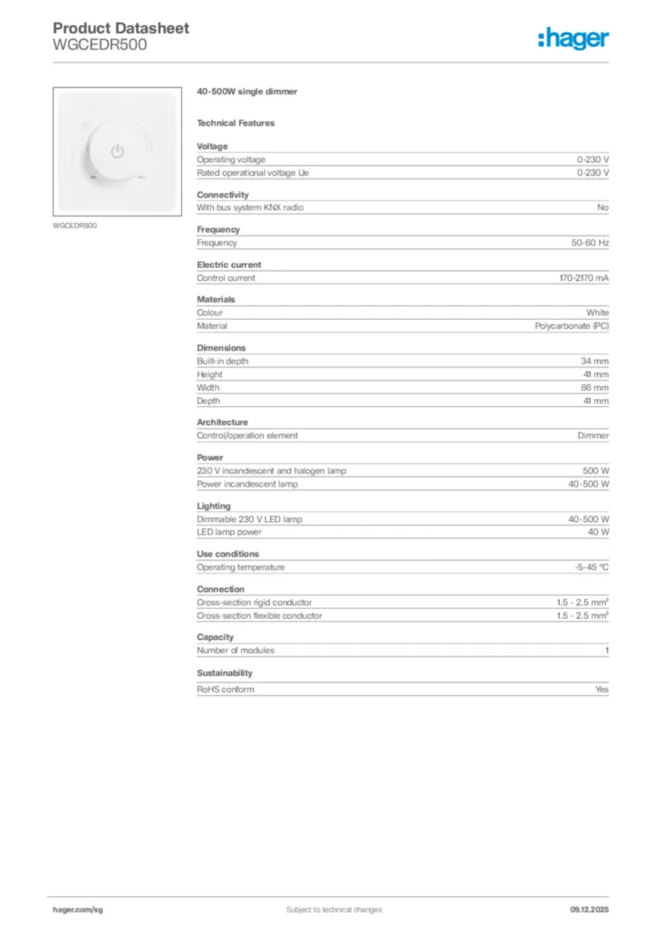 Image Hager Product data sheet WGCEDR500  | Hager