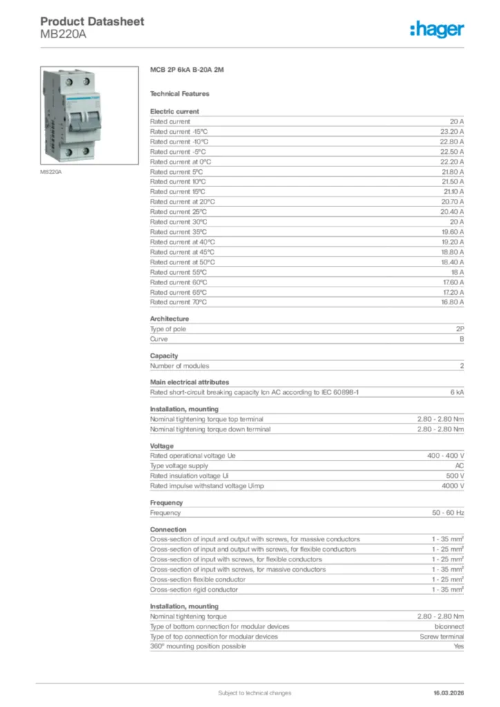 Image Hager Product data sheet MB220A  | Hager Africa