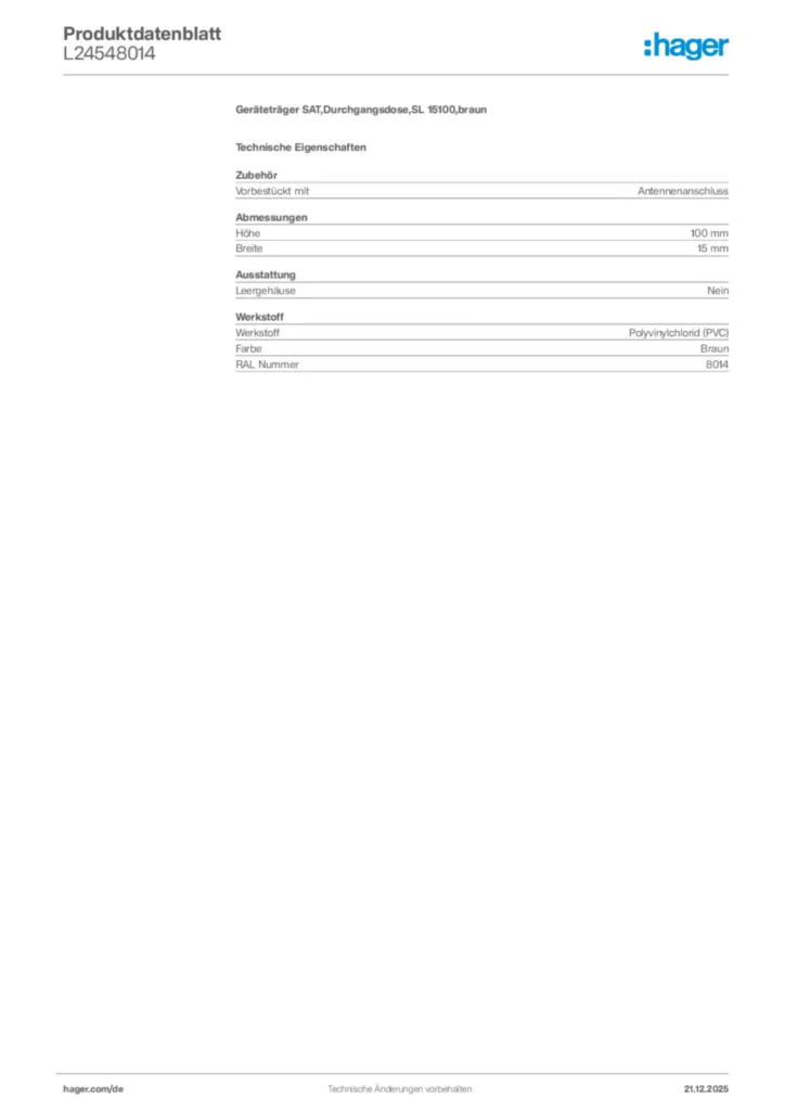 Bild Hager Produktdatenblatt L24548014 | Hager Deutschland