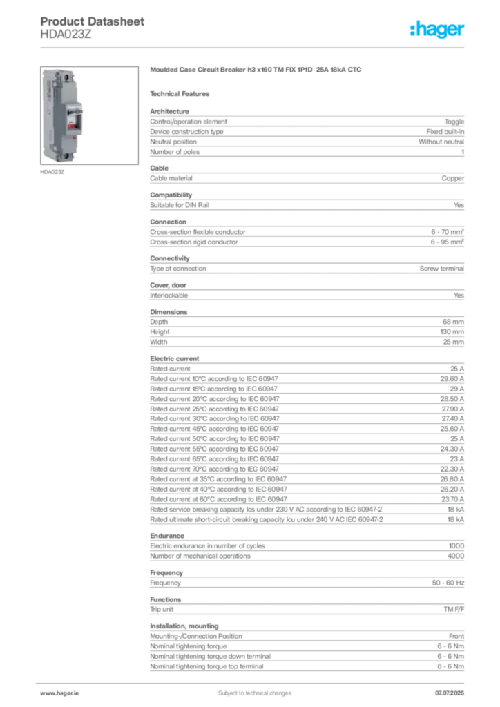 Image Hager Product data sheet HDA023Z  | Hager