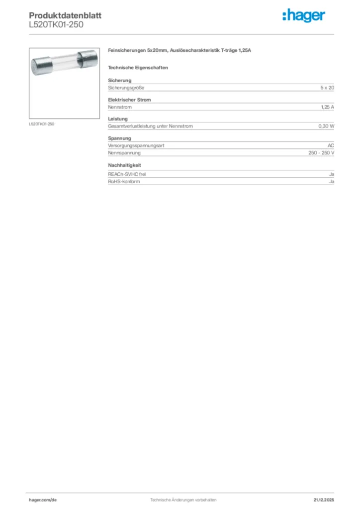 Bild Hager Produktdatenblatt L520TK01-250 | Hager Deutschland