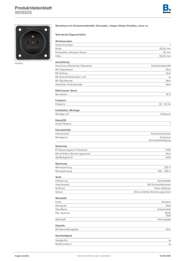 Bild Berker Produktdatenblatt 9618505 | Hager Deutschland