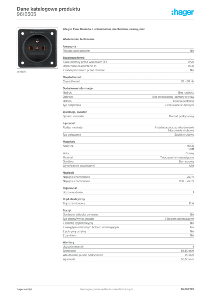Zdjęcie Hager Dane katalogowe produktu 9618505 | Hager Polska