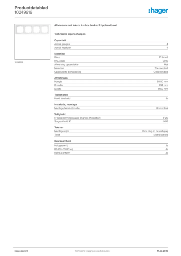 Afbeelding Hager Productdatablad 10249919 | Hager Nederland
