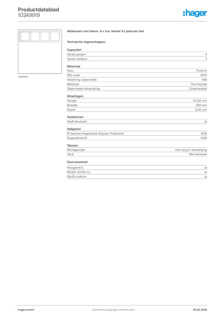 Afbeelding Hager Productdatablad 10249919 | Hager Nederland