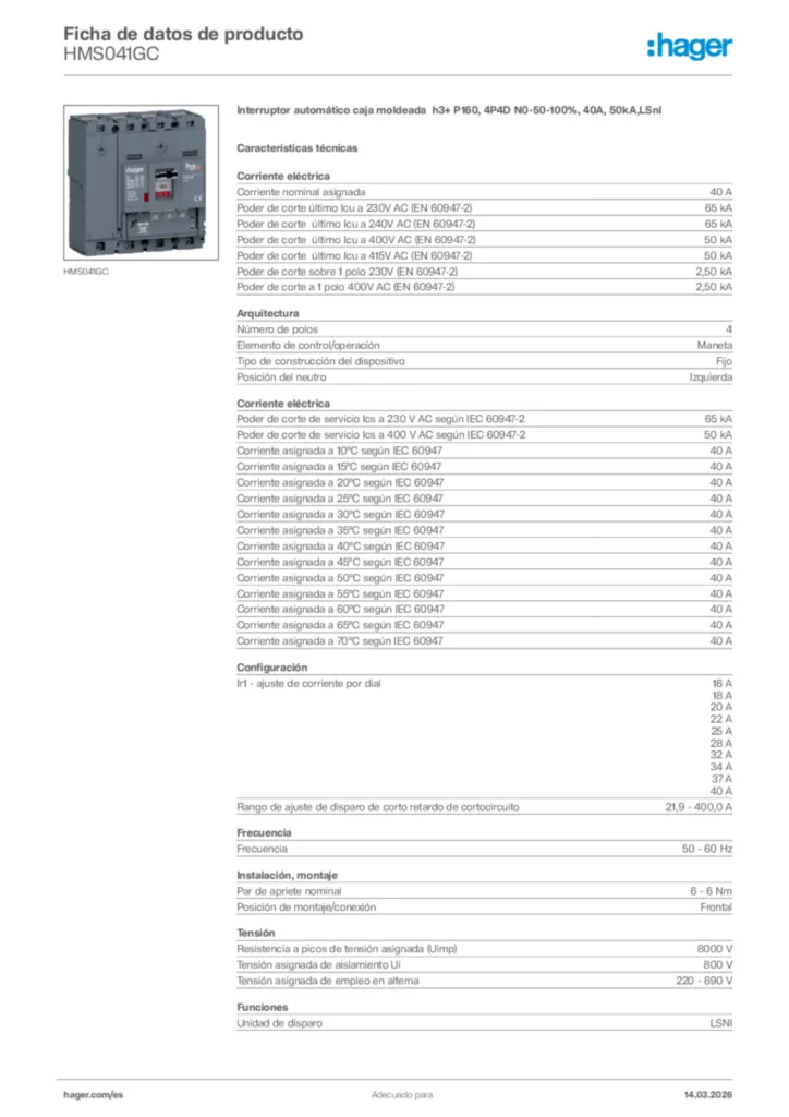 Imagen Hager Ficha de datos de producto HMS041GC | Hager España