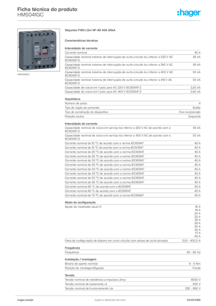 Imagem Hager Ficha técnica do produto HMS041GC | Hager Portugal