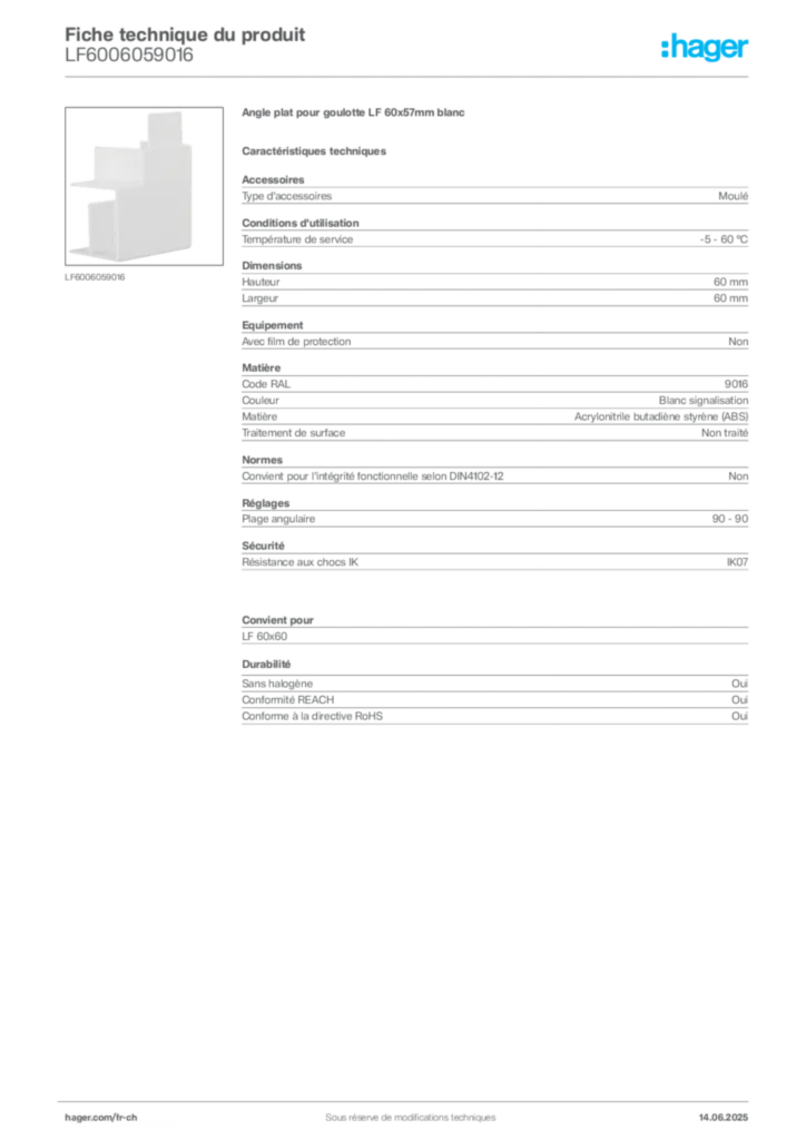 Image Hager Fiche technique du produit LF6006059016 | Hager Suisse