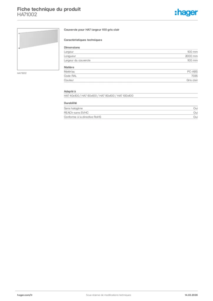 Image Hager Fiche technique du produit HA71002 | Hager France