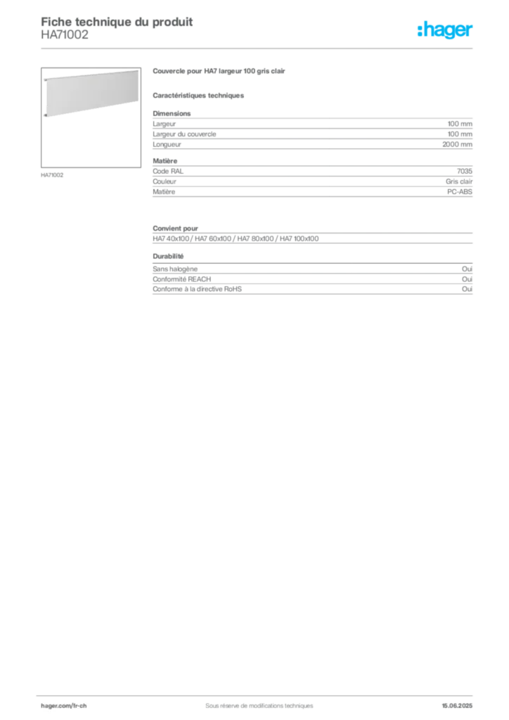Image Hager Fiche technique du produit HA71002 | Hager Suisse