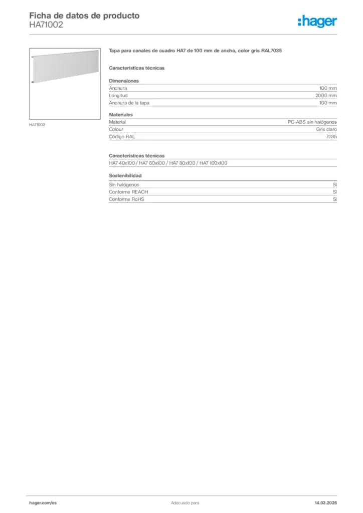 Imagen Hager Ficha de datos de producto HA71002 | Hager España