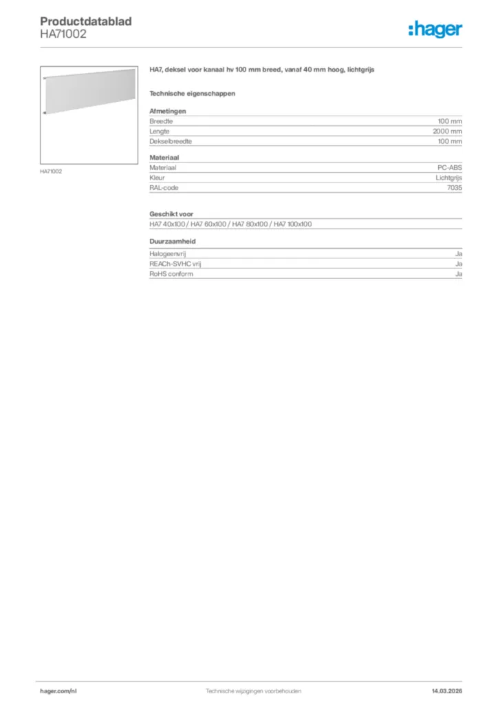 Afbeelding Hager Productdatablad HA71002 | Hager Nederland