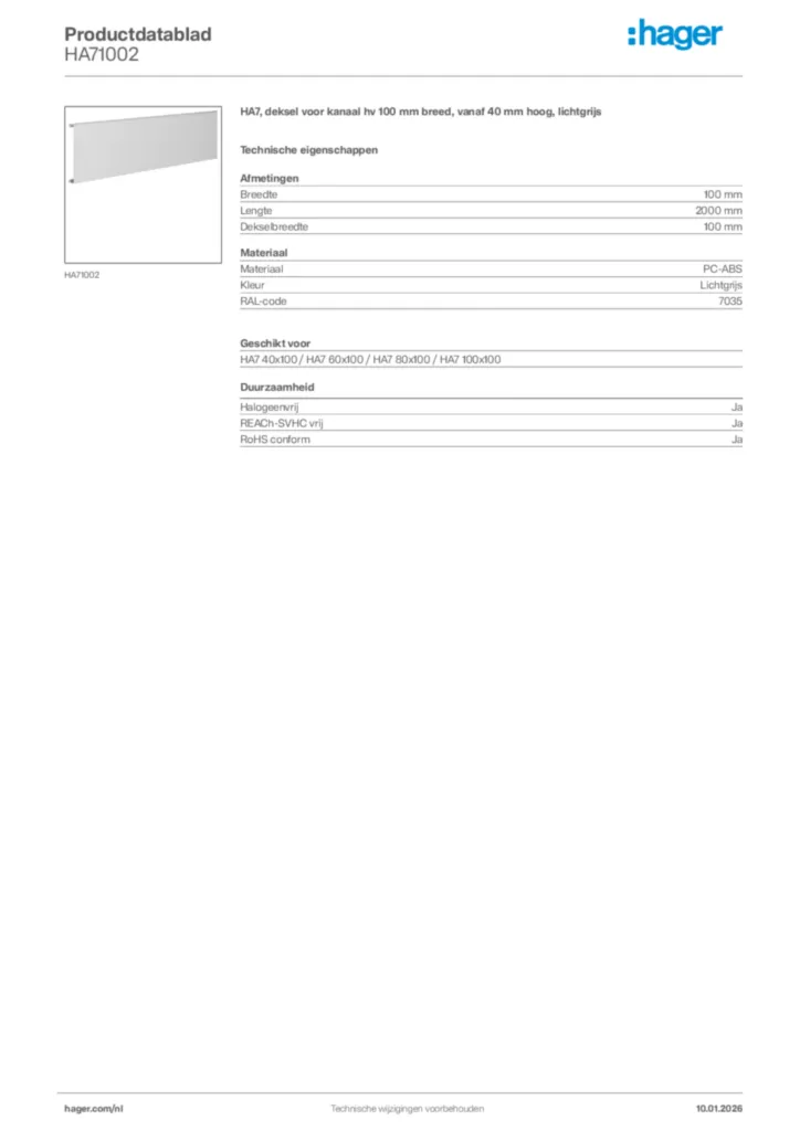 Afbeelding Hager Productdatablad HA71002 | Hager Nederland