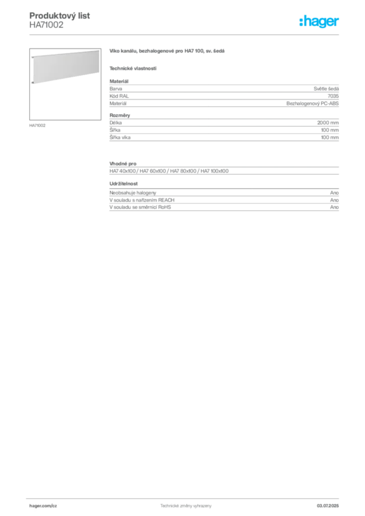 Obrázek Hager Produktový list HA71002 | Hager