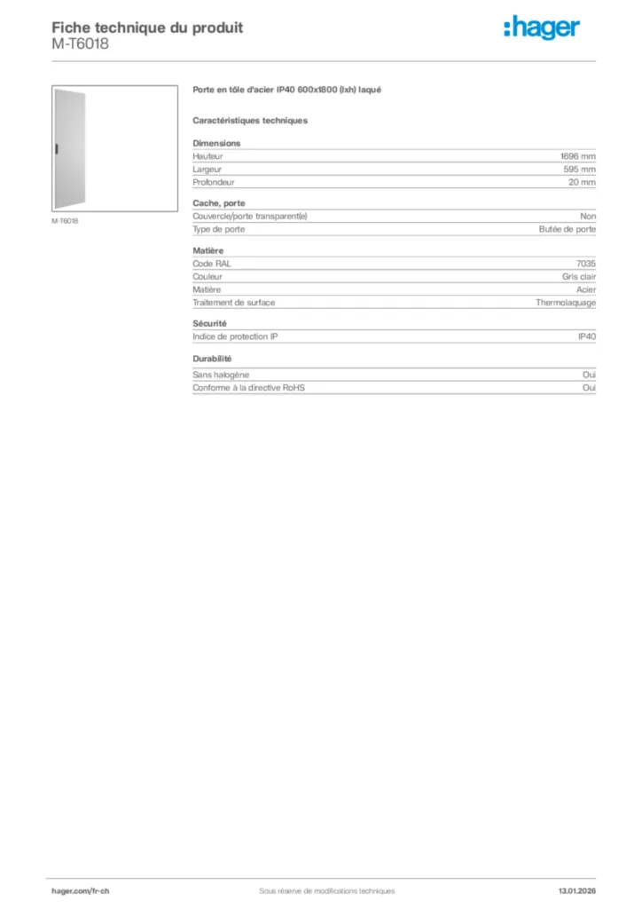Image Hager Fiche technique du produit M-T6018 | Hager Suisse