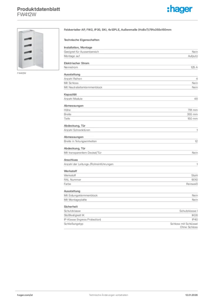 Bild Hager Produktdatenblatt FW412W | Hager Deutschland