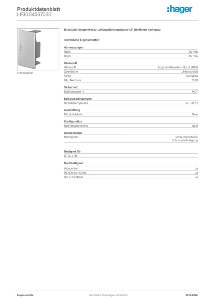 Bild Hager Produktdatenblatt LF3004567030 | Hager Deutschland