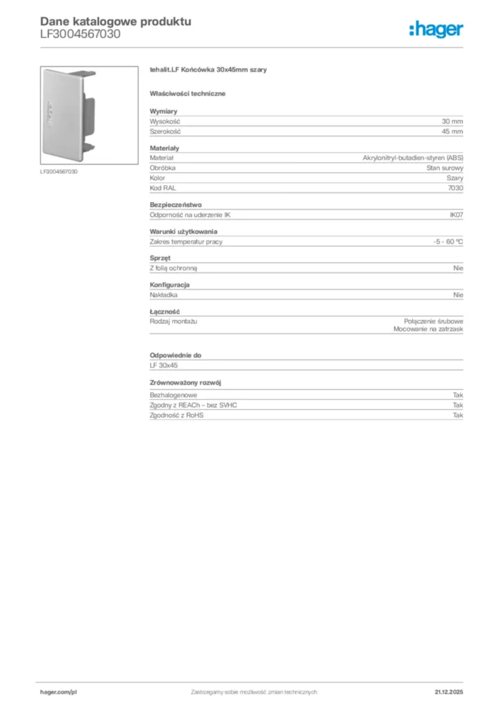 Zdjęcie Hager Dane katalogowe produktu LF3004567030 | Hager Polska