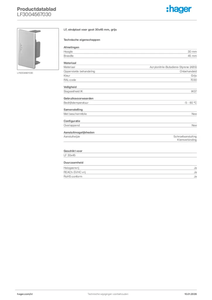 Afbeelding Hager Productdatablad LF3004567030 | Hager Nederland