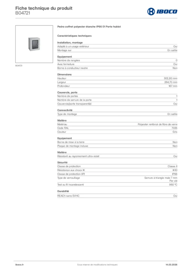 Image Iboco Fiche technique du produit B04721 | Hager France